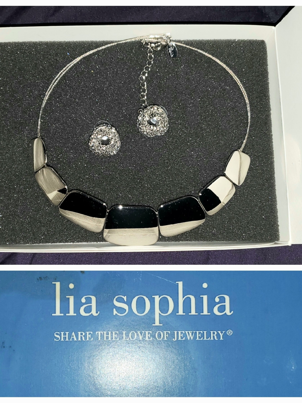 Lia Sophia Silver and Black Geometric Statement Necklace with Matching Earrings